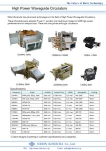 High Power Waveguide Circulators Nihon Koshuha has advanced technologies in the field of High Power Waveguide Circulators. These Circulators are adopted T type Y junction and multi-layer multi design to fulfill high powe