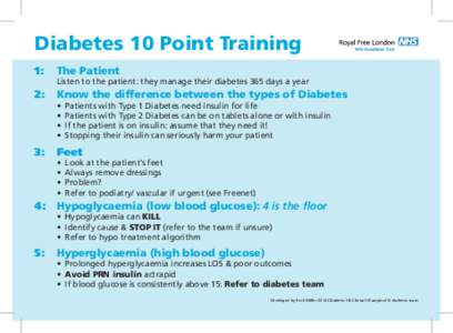 Diabetes 10 Point Training 1: 	 The Patient Listen to the patient: they manage their diabetes 365 days a year  2: 	 Know the difference between the types of Diabetes