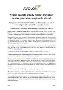 Avolon expects orderly market transition to new generation single aisle aircraft Analysis concludes transition will have no direct impact on values
