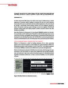 WIND RIVER PLATFORM FOR INFOTAINMENT  In-vehicle infotainment (IVI) systems have taken center stage for differentiating in-vehicle experiences. Consumers expect intelligent connected cars that link critical telematics fu