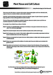 Plant Tissue and Cell Culture Using Biotechnology for Plant Research Plant tissue and cell culture is a process that involves cloning plants/plant cells from individual cells, organs or tissue in a nutrient medium under 