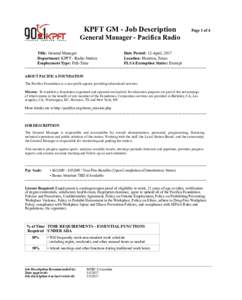 KPFT GM - Job Description  Page 1 of 4 General Manager - Pacifica Radio Title: General Manager
