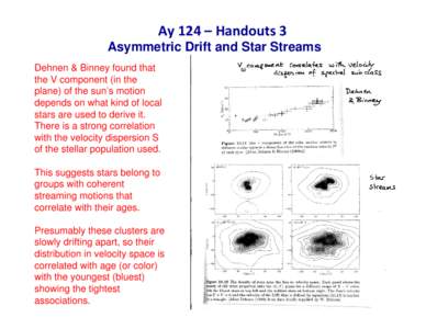 Ay 124 – Handouts 3 Asymmetric Drift and Star Streams Dehnen & Binney found that the V component (in the plane) of the sun’s motion depends on what kind of local