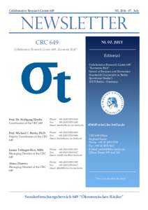 Collaborative Research Center 649  NL, July Newsletter CRC 649