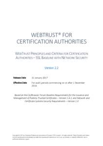 WEBTRUST® FOR CERTIFICATION AUTHORITIES WEBTRUST PRINCIPLES AND CRITERIA FOR CERTIFICATION AUTHORITIES – SSL BASELINE WITH NETWORK SECURITY Version 2.2 Release Date