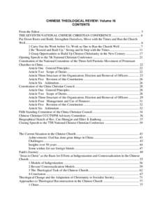 CHINESE THEOLOGICAL REVIEW: Volume 16 CONTENTS From the Editor ............................................................................................................................... 3 THE SEVENTH NATIONAL CHINES
