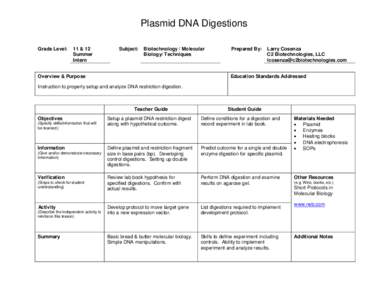 Plasmid DNA Digestions Grade Level: 11 & 12 Summer Intern