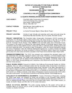 NOTICE OF AVAILABILITY FOR PUBLIC REVIEW NOTICE OF PREPARATION OF AN ENVIRONMENTAL IMPACT REPORT BY THE COACHELLA VALLEY CONSERVATION COMMISSION