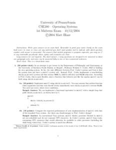 University of Pennsylvania CSE380 – Operating Systems 1st Midterm Exam – [removed]c 
2004 Matt Blaze