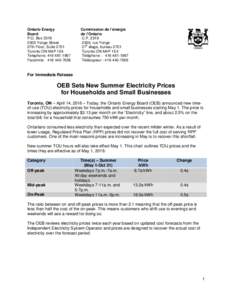 News Release - OEB Sets New Summer Electricity Prices for Households and Small Businesses (May 1, 2016)