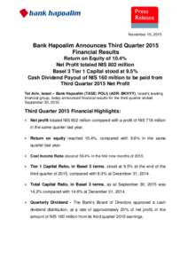 November 15, 2015  Bank Hapoalim Announces Third Quarter 2015 Financial Results Return on Equity of 10.4% Net Profit totaled NIS 802 million