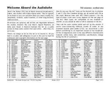 Welcome Aboard the Audiobahn Here’s the Winter 2012 list of North American broadcasters, talent, and studios with dialup digital audio. They’ve agreed to be listed so you can call them when you need a facility for ne