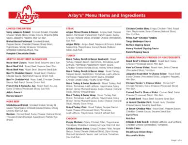 Arby’s® Menu Items and Ingredients LIMITED TIME OFFERS Spicy Jalapeno Brisket: Smoked Brisket, Cheddar Cheese (Sharp Slice), Crispy Onions, Chipotle BBQ Sauce, Jalapeno Peppers, Star Cut Bun. Brisket Bacon Flatbread: 