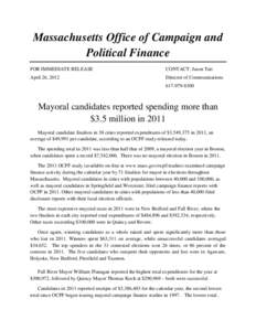 Massachusetts Office of Campaign and Political Finance FOR IMMEDIATE RELEASE CONTACT: Jason Tait