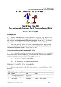 Word Note (NoFormatting of Customs Tariff Proposals and Bills