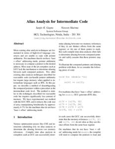 Alias Analysis for Intermediate Code Sanjiv K. Gupta Naveen Sharma  System Software Group