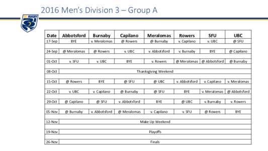 2016	Men’s	Division	3	– Group	A Date Abbotsford  Burnaby