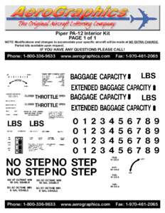 Piper PA-12 Interior Kit PAGE 1 of 1 NOTE: Modifications and changes to accomodate your specific aircraft will be made at NO EXTRA CHARGE. Partial kits available upon request.