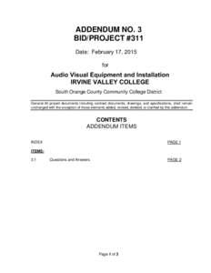 ADDENDUM NO. 3 BID/PROJECT #311 Date: February 17, 2015 for  Audio Visual Equipment and Installation