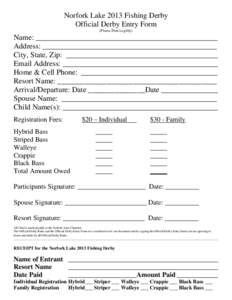 Norfork Lake 2013 Fishing Derby Official Derby Entry Form (Please Print Legibly) Name: ________________________________________________ Address: ______________________________________________