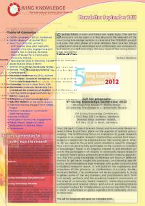 LIVING KNOWLEDGE The International Science Shop Network Newsletter September 2011 Table of Contents ● Call for proposals – 5th LK Conference