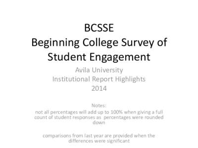 BCSSE Beginning College Survey of Student Engagement Avila University Institutional Report Highlights 2014