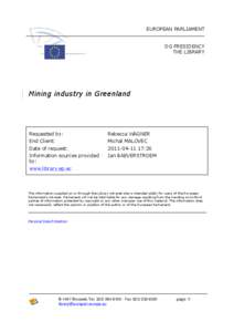 EUROPEAN PARLIAMENT DG PRESIDENCY THE LIBRARY Mining industry in Greenland