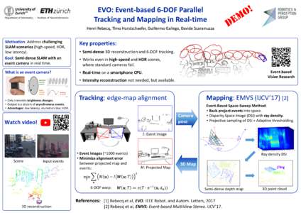 EVO: Event-based 6-DOF Parallel Tracking and Mapping in Real-time Department of Informatics - Institute of Neuroinformatics  Henri Rebecq, Timo Horstschaefer, Guillermo Gallego, Davide Scaramuzza