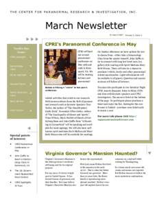 THE CENTER FOR PARANORMAL RESEARCH & INVESTIGATION, INC.  March Newsletter 01 MarchVolume 4, Issue 3