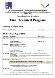 13th ACIS International Conference on Software Engineering, Artificial Intelligence, Networking and Parallel/Distributed Computing (SNPDCampus Plaza Kyoto, Kyoto, Japan  Final Technical Program