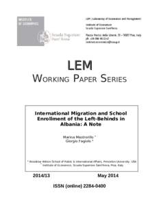 LEM WORKING PAPER SERIES International Migration and School Enrollment of the Left-Behinds in Albania: A Note