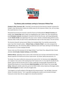 Top literary prize nominees coming to Vancouver Writers Fest (October 8, 2014, Vancouver, BC)—Yesterday’s announcement of the Governor General’s nominees for Canada’s major literary prizes rounds out a stellar se