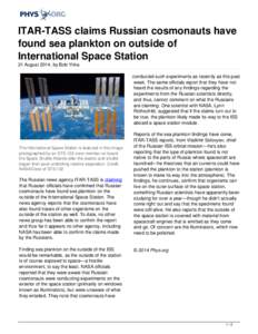 ITAR-TASS claims Russian cosmonauts have found sea plankton on outside of International Space Station