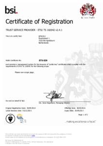 Certificate of Registration TRUST SERVICE PROVIDER - ETSI TSv2.4.1 This is to certify that: KPN B.V. Fauststraat 1