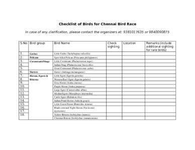 Checklist of Birds for Chennai Bird Race In case of any clarification, please contact the organizers at: orS.No Bird group Bird Name