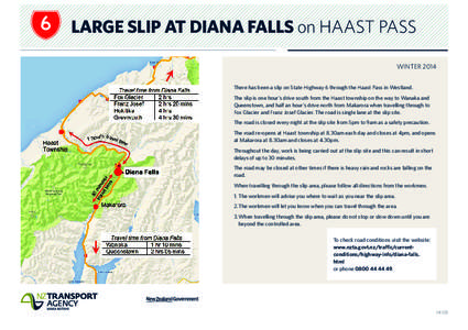 Large slip at diana falls on haast pass WINTER 2014 There has been a slip on State Highway 6 through the Haast Pass in Westland. The slip is one hour’s drive south from the Haast township on the way to Wanaka and Queen