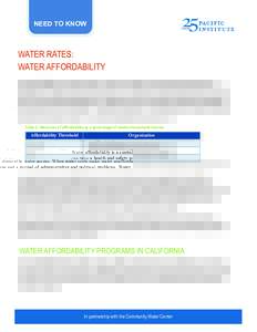 NEED TO KNOW  WATER RATES: WATER AFFORDABILITY   Water affordability is a central element to water access. When water costs make water unaffordable, it can pose a health and safety issue and a myriad of administrative a