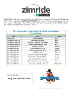 THANK YOU to all users who participated in the Zimride by Enterprise 2016 November Zimsgiving Post a Ride Sweepstakes and CONGRATULATIONS to the winners of the sweepstake prizes. Winners were chosen randomly from the 7,3