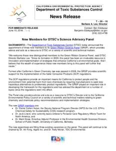New Members for DTSC’s Science Advisory Panel
