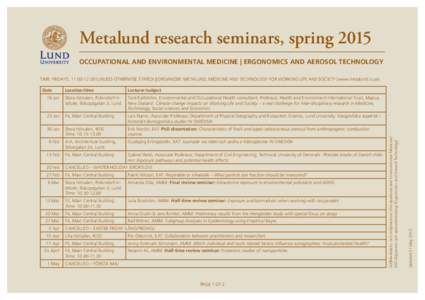 Metalund research seminars, spring 2015 OCCUPATIONAL AND ENVIRONMENTAL MEDICINE | ERGONOMICS AND AEROSOL TECHNOLOGY Location/time  Lecturer/subject