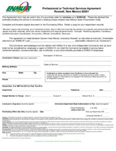 Professional or Technical Services Agreement Roswell, New Mexico__________________________________________________________________________ This Agreement form may be used in lieu of a purchase order for services u