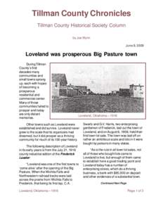 Tillman County Chronicles Tillman County Historical Society Column by Joe Wynn June 9, 2009  Loveland was prosperous Big Pasture town