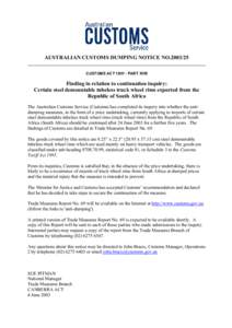AUSTRALIAN CUSTOMS DUMPING NOTICE NO[removed]____________________________________________________________________________ CUSTOMS ACT[removed]PART XVB Finding in relation to continuation inquiry: Certain steel demountable