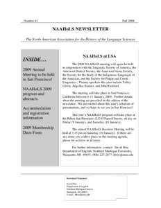 Number 41  Fall 2008 NAAHoLS NEWSLETTER The North American Association for the History of the Language Sciences