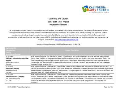 California Arts CouncilLocal Impact Project Descriptions The Local Impact program supports community-driven arts projects for small and mid- sized arts organizations. The program fosters equity, access, and op