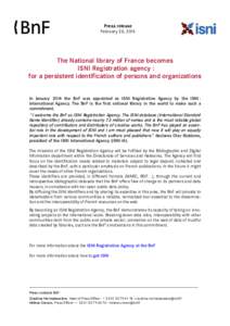 The National library of France becomes ISNI Registration agency: for a persistent identification of persons and organizations - Press release - BnF
