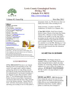 Lewis County Genealogical Society PO Box 782 Chehalis WAhttp://www.walcgs.org  Volume #21 Issue # 6