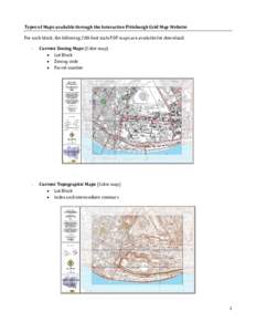 Types of Maps available through the Interactive Pittsburgh Grid Map Website For each block, the following 200-foot scale PDF maps are available for download: - Current Zoning Maps (Color map) • Lot Block
