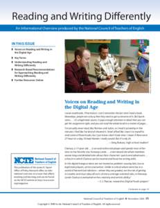 Reading and Writing Differently An Informational Overview produced by the National Council of Teachers of English In This Issue 	 Voices on Reading and Writing in the Digital Age