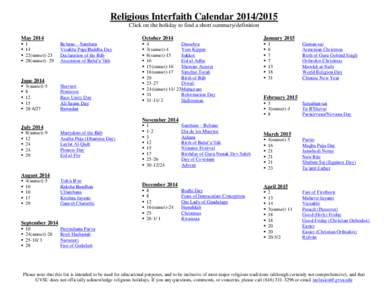 Religious Interfaith Calendar[removed]Click on the holiday to find a short summary/definition May 2014   
